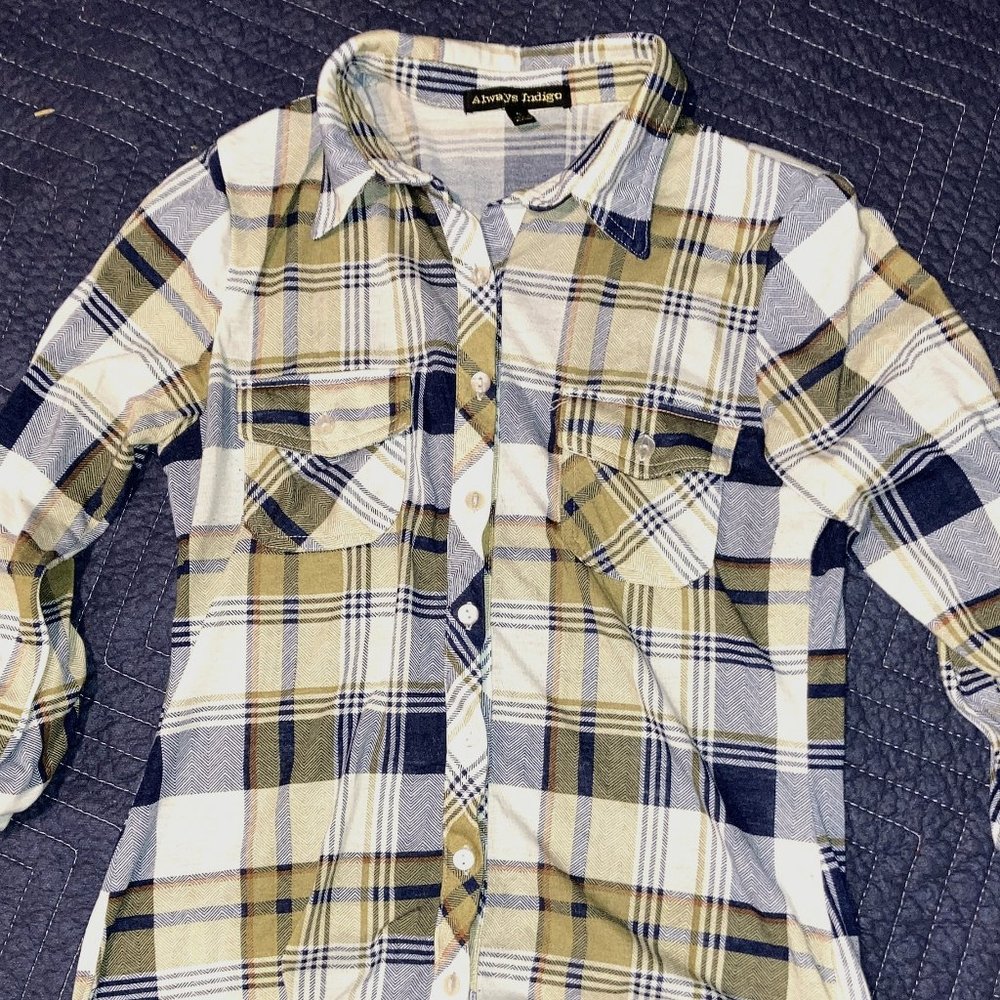 ALWAYS INDIGO BUTTON DOWN 3/4 SLEEVE SHIRT